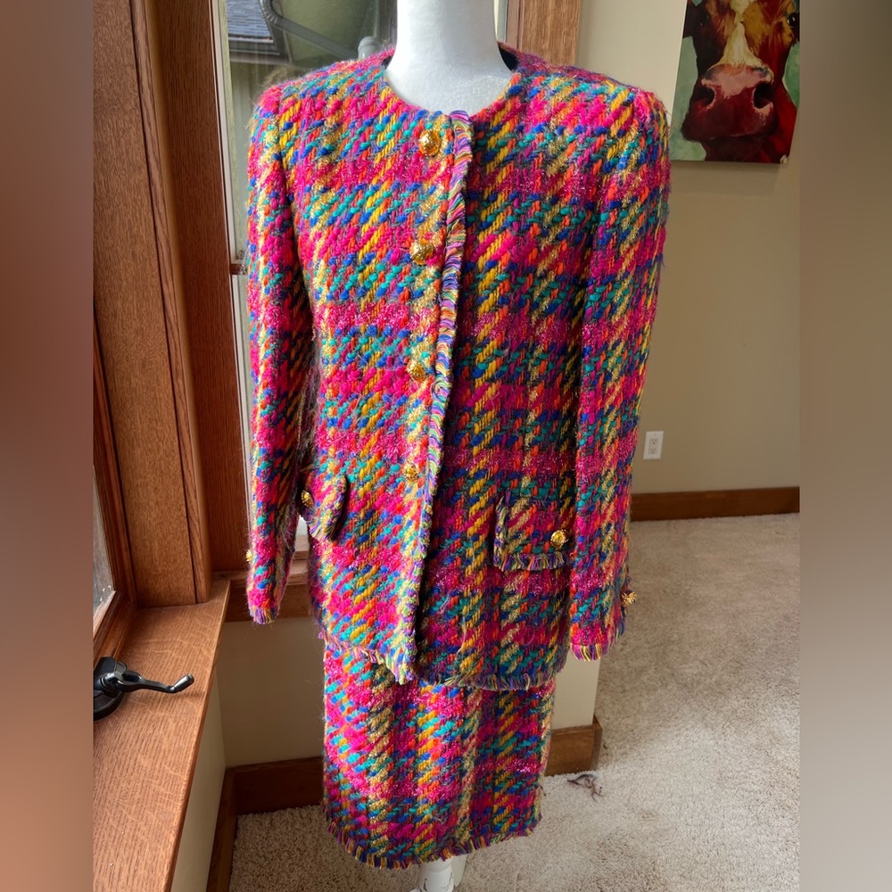 Escada Multicolor Pink Blue Tweed Blazer Jacket